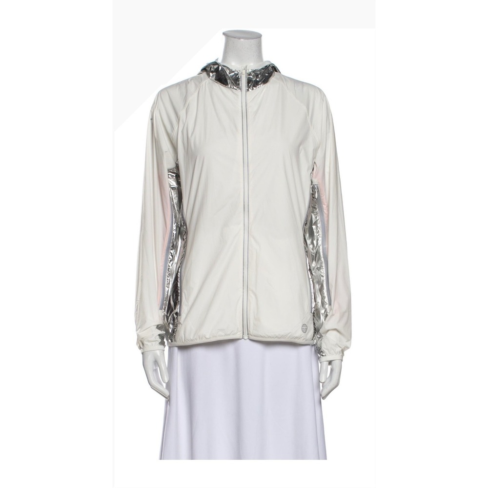 Tory Sport White Metallic Silver Reflective‎ Hooded Windbreaker Jacket Large
